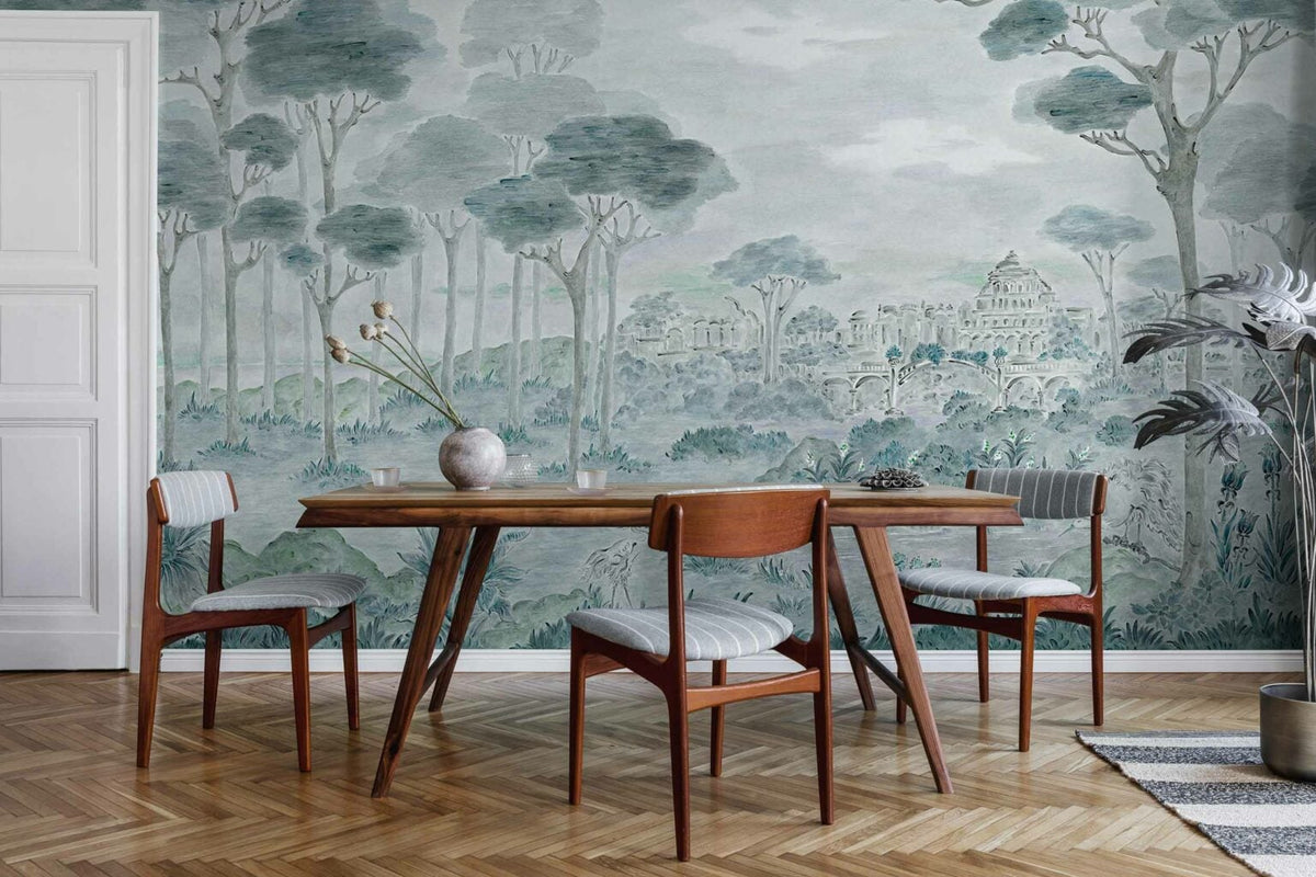 Vista Hermosa mural by Coordonné in Sage, shown in a styled room