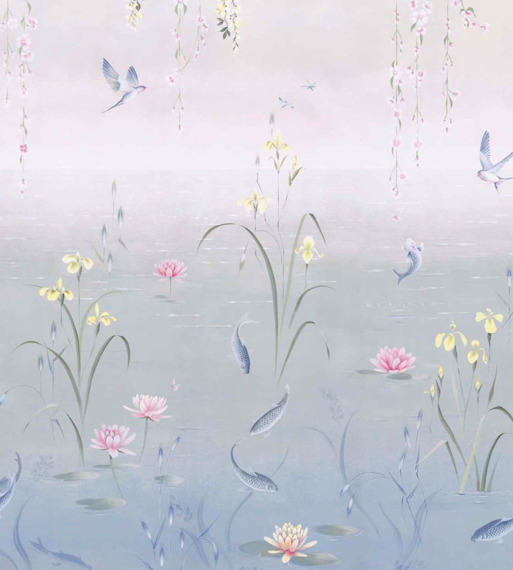 Water Garden Mural by Sanderson Soft Jade - Pink Blossom