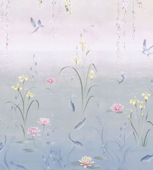 Water Garden Mural by Sanderson Soft Jade - Pink Blossom