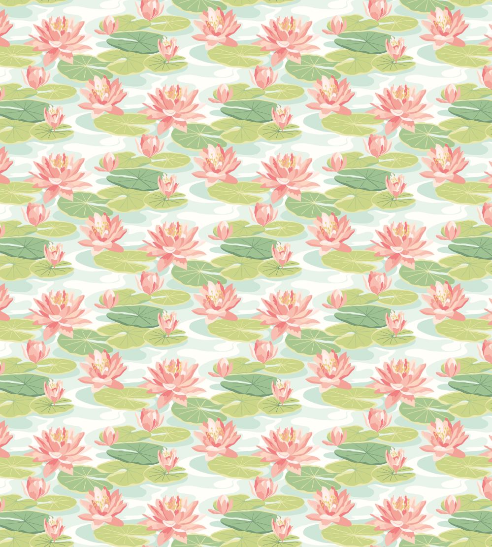 Waterlily Wallpaper by Ohpopsi Duck Egg & Coral