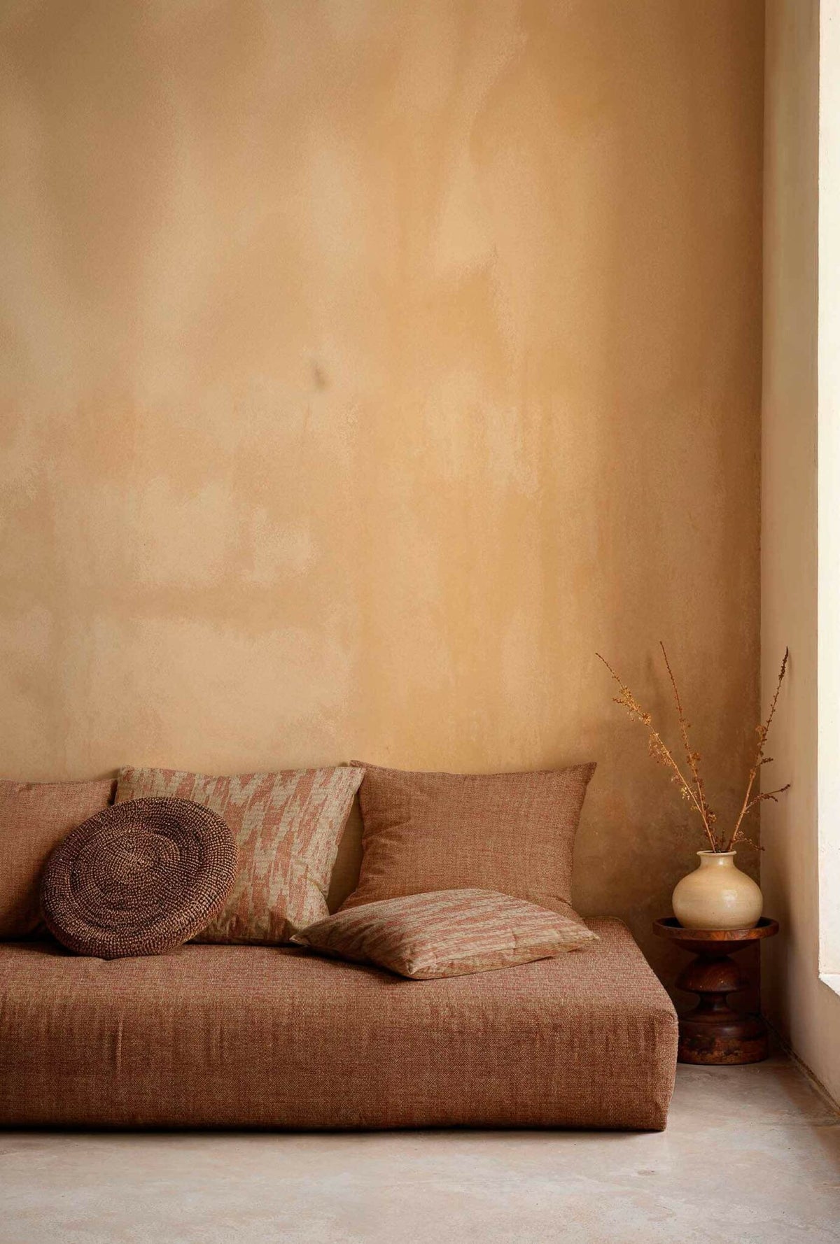 Wave Dune fabric by Coordonné in Clay, shown in a styled room