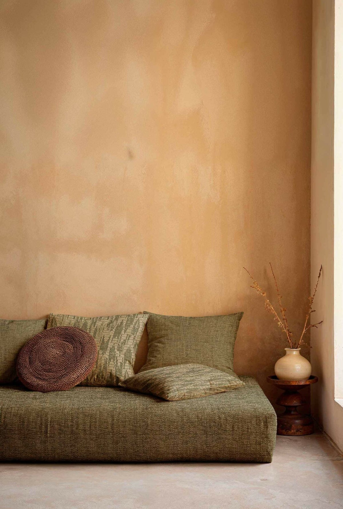 Wave Dune fabric by Coordonné in Leaf, shown in a styled room