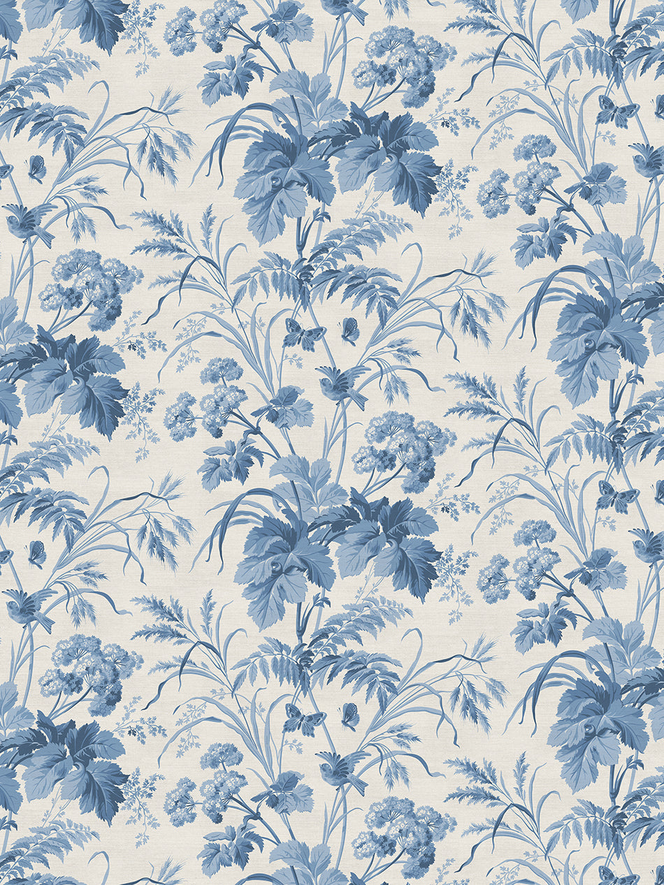 Where The Wildflowers Grow Velvet Fabric by Divine Savages in Blue Cream, pattern swatch