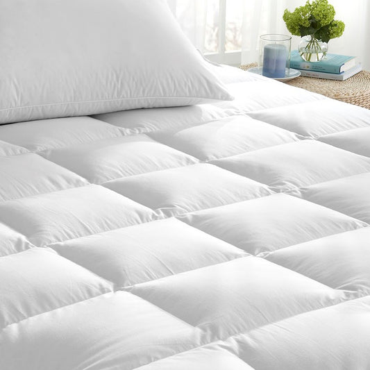 White Goose Down Luxury Mattress Pad by Downright, styled view