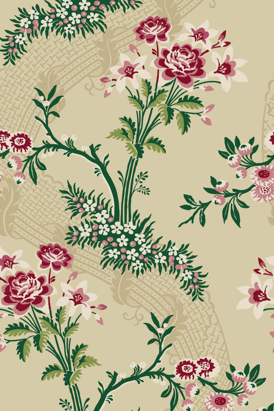 Lace Brocade Wallpaper by Gainsborough in Paper and Forest Green
