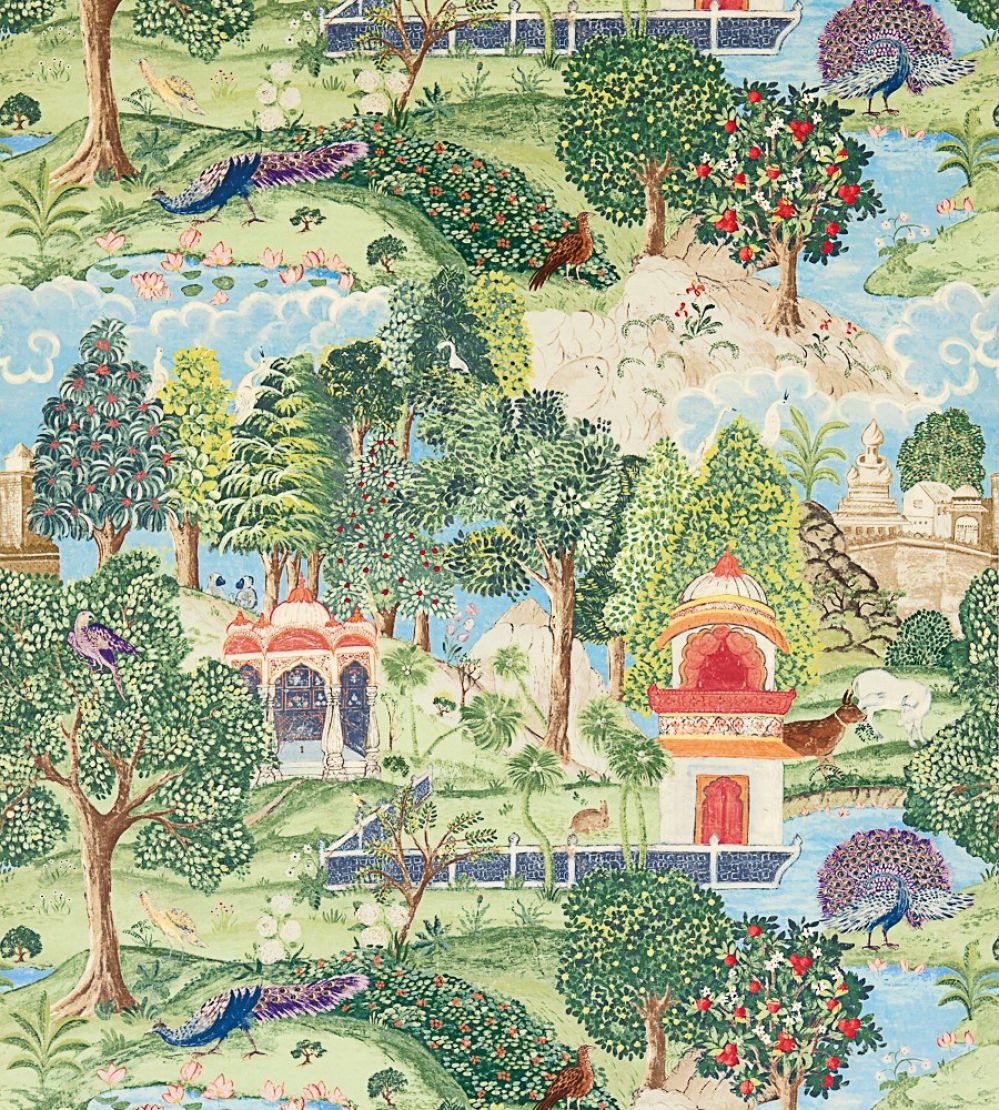 Peacock Garden Fabric by Zoffany Green/Coral